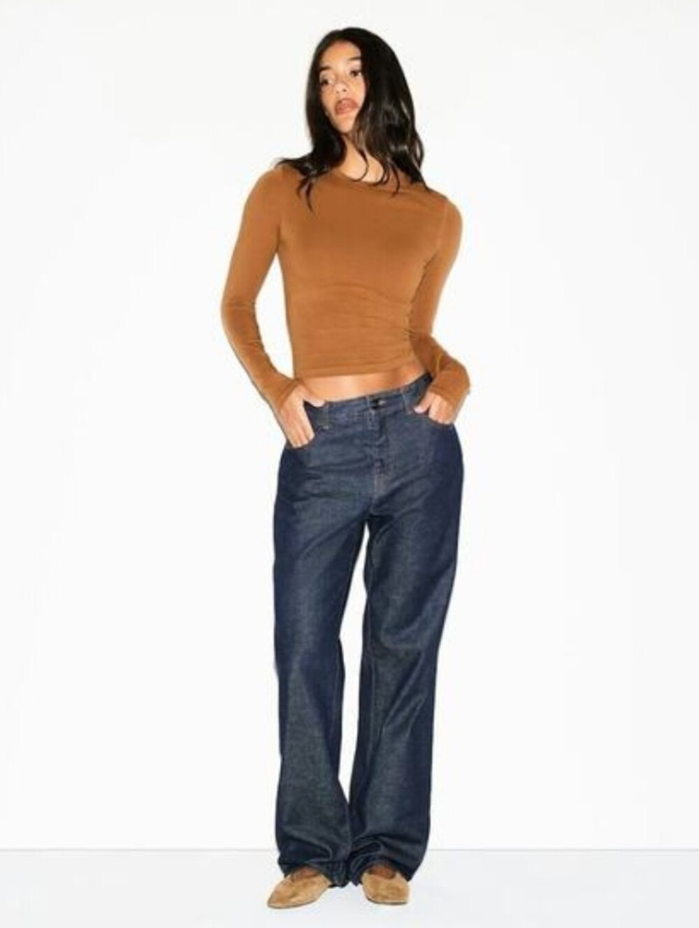 Skims New Vintage Long Sleeve Cropped Top Cotton Jersey Size M Penny Brown